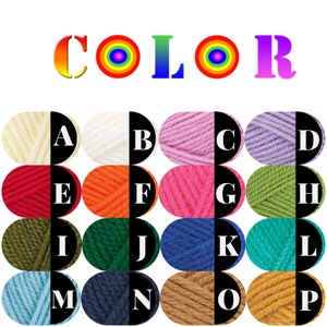 May include: A chart of yarn colours labelled with letters A through P. The yarn colours include white, pink, lavender, red, orange, hot pink, green, dark green, blue, teal, light blue, navy blue, brown, and gold.