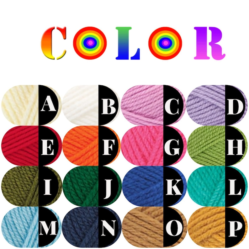 May include: A chart of yarn colours labelled with letters A through P. The yarn colours include white, pink, lavender, red, orange, hot pink, green, dark green, blue, teal, light blue, navy blue, brown, and gold.
