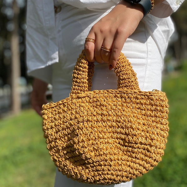 Sac en raphia tricoté en paille | 100 % fait main | Pochette en crochet | Pochette en raphia faite main | cadeau pour elle | Cadeau de Saint-Valentin pour elle