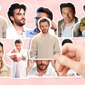 May include: A collection of die-cut stickers featuring various images of a man in different poses and outfits. The stickers are arranged on a pink background, with one sticker being held by a hand.