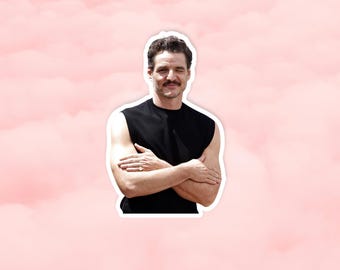 May include: A sticker featuring a person wearing a black sleeveless shirt with arms crossed. The background is a pink, cloud-like pattern. The person is winking and wearing a ring.
