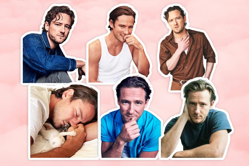 May include: A set of six sticker-style images of a man in different outfits and poses. The images show him in a denim jacket, a white vest, a brown shirt, a blue shirt, and a dark blue t-shirt. One image features the man with a white kitten.