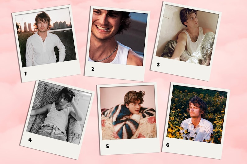 May include: A collection of six polaroid-style photographs featuring a person in various poses. The images showcase the person in different settings, wearing casual attire such as white shirts and tank tops. The background includes cityscapes and floral settings.