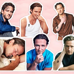 May include: A collection of six images showing a man in different outfits and poses. He is wearing a denim jacket, a white vest, a brown shirt, a blue shirt, and a blue t-shirt. One image shows him asleep with a small white kitten.