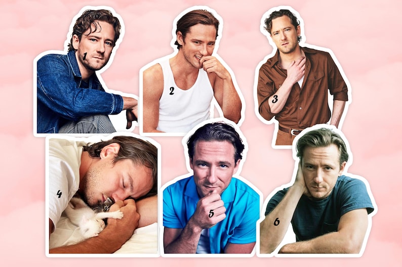 May include: A collection of six images showing a man in different outfits and poses. He is wearing a denim jacket, a white vest, a brown shirt, a blue shirt, and a blue t-shirt. One image shows him asleep with a small white kitten.