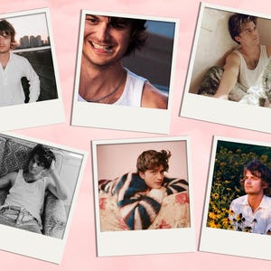 May include: A collection of six Polaroid-style photographs featuring a person in various poses. The images showcase the person in different settings, wearing casual clothing like a white shirt and tank tops. The background is a soft pink.