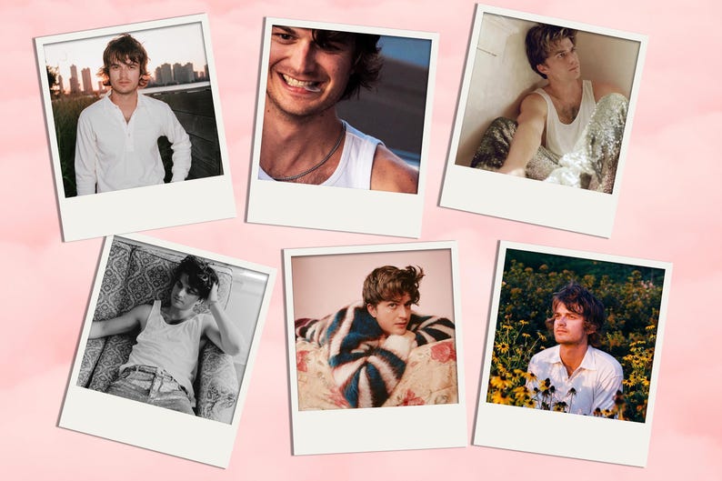 May include: A collection of six Polaroid-style photographs featuring a person in various poses. The images showcase the person in different settings, wearing casual clothing like a white shirt and tank tops. The background is a soft pink.
