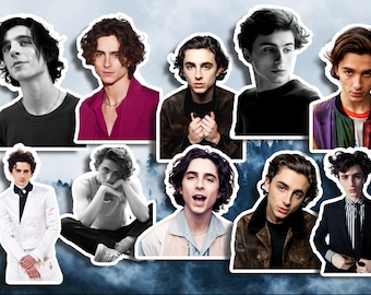 May include: A collection of sticker cutouts featuring various portraits of a person with dark, wavy hair. The images showcase the person in different outfits, including a black sweater, a magenta suit, and a striped suit.