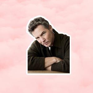 Könnte beinhalten: Ein Aufkleber mit einem Mann mit grauem Haar und einem dunkelgrünen Hemd. Er lehnt sich nach vorne, die Arme auf einem Tisch verschränkt. Der Hintergrund ist ein rosa Aquarelldesign.