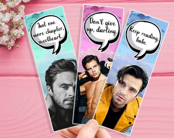 May include: Three rectangular bookmarks with images of a man. Each bookmark has a speech bubble with text: "Just one more chapter, sweetheart," "Don't give up, darling," and "Keep reading, babe."