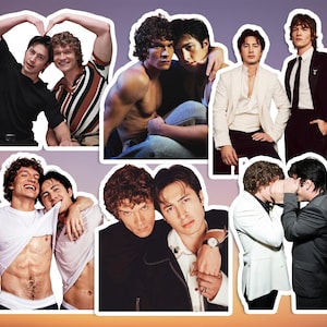 May include: A collection of sticker cutouts featuring images of men in various poses. The images include men in casual and formal attire, with some embracing or making heart shapes with their hands. The color palette is diverse, with a mix of black, white, and skin tones.