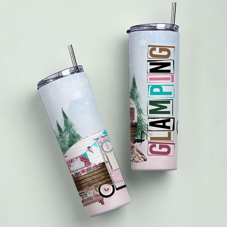 May include: Two stainless steel tumblers with lids and straws. The tumblers feature a wintery scene with a pink camper van and the word "GLAMPING" in colorful block letters.