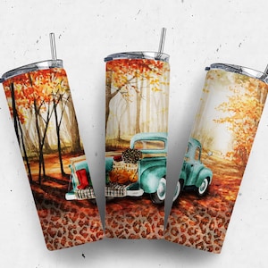 Fall Truck Pumkins Skinny Tumbler Wrap 20oz PNG Sublimation Designs, Autumn Vintage Truck, Fall Pumpkins, Farmhouse, Leaves Digital Download