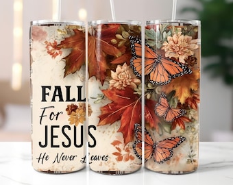 Fall for Jesus 20oz Tumbler Wrap Design: Höstlöv, Kristen tro (PNG)