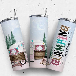 May include: A pink and white camper van with a wood panel exterior and a floral wreath on the door. The camper is surrounded by trees and a campfire. The text "GLAMPING queen" is written in colorful letters on the right side of the image.