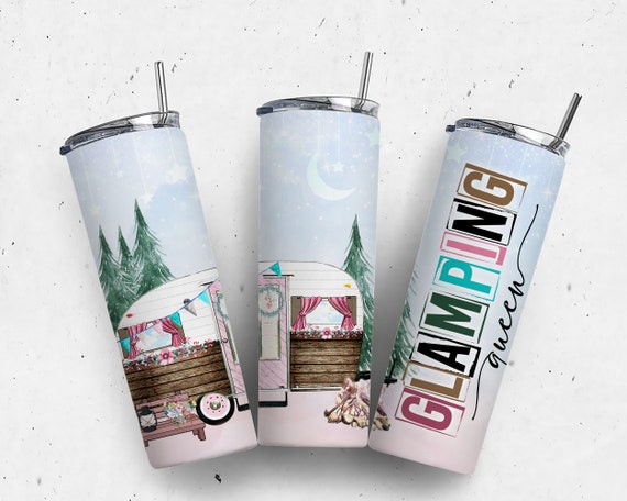 Glamping Queen 20oz Skinny Tumbler Happy Camper Glitter Trailer PNG Sublimation Design, Print Straight PNG File Digital Download