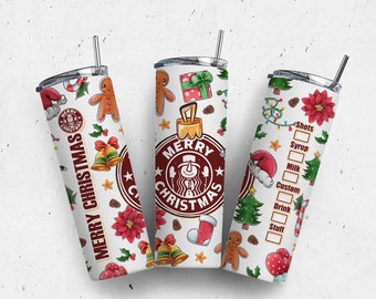 May include: Three white stainless steel tumblers with lids and straws. Each tumbler features a different Christmas-themed design with red, green, and white colors. The designs include a gingerbread man, a snowman, a Christmas tree, and a poinsettia. One tumbler has a checklist for shots, syrup, milk, custom drink, and drink stuff.
