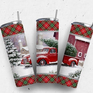 Christmas Tumbler Wrap Vintage Red Truck PNG 20oz Skinny Sublimation Design Winter Tumbler Wrap