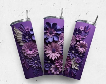 3D Flowers Violet 20 oz Skinny Tumbler Sublimation Design Digital Download PNG 3D Floral Skinny Tumbler Wrap PNG