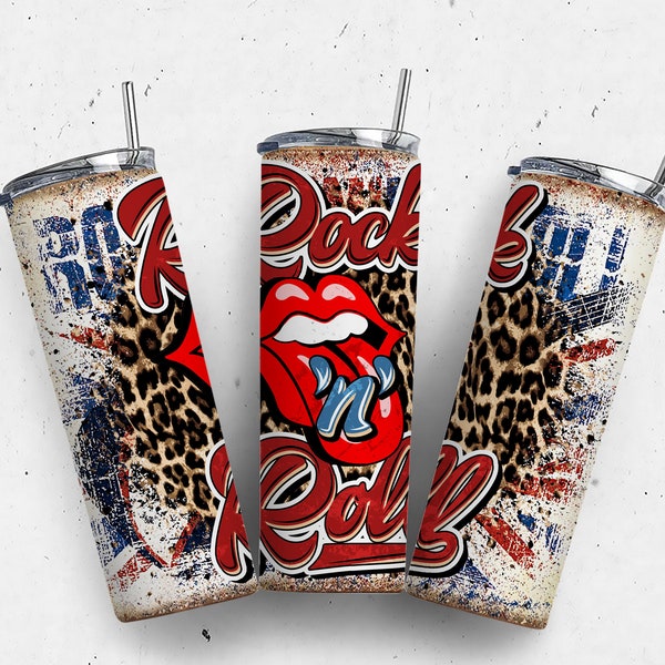 Vintage Rock and Roll Lips Png, 20 oz Skinny Tumbler, Retro Rock band Design, Tongue and lips Leopard Wrap Sublimation design, Digital PNG