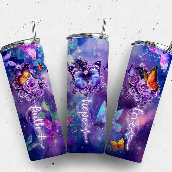 Butterfly Tumbler Wrap - Faith Love Hope Butterfly Tumbler Wrap PNG - Gift for her - 20oz Skinny Tumbler Wrap