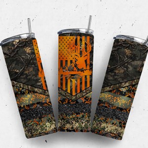 Deer Hunting Flag 20oz Sublimation Tumbler Designs, Camo Orange 9,2 x 8,3&quot; Straight Skinny Tumbler Wrap, Mens Tumbler