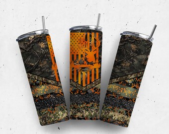 Deer Hunting Flag 20oz Sublimation Tumbler Designs, Camo Orange 9.2 x 8.3” Straight Skinny Tumbler Wrap, Mens Tumbler