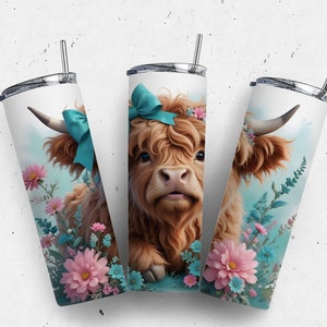 Highland Cow Tumbler Wrap, 20oz Skinny Sublimation Tumbler Design, Highland Cow Sublimation Design Png, Floral Tumbler Png Download