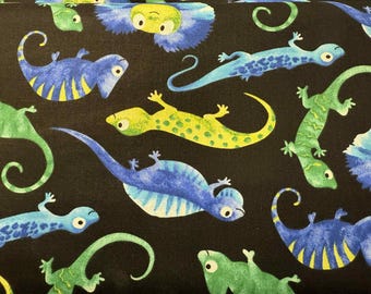 Lizards Iguanas on Black Novelty Cotton Fabric Yardage by the half yard Sewing