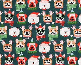 Alexander Henry Canines in Christmas Cotton Fabric Yardage by the half yard Sewing Dog