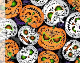Halloween Jack o Lanterns Pumpkins Glow In The Dark Cotton Fabric Yardage by the half yard Timeless Treasure Sewing