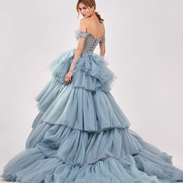 Elegant Tiered Ruffled Tulle Prom Dress | Feathers Flowers Off the Shoulder Pleat Ruched Long Evening Party Dress