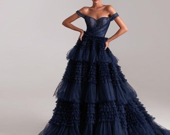 Gorgeous Ruffled Tulle Prom Dress | Long A Line Off the Shoulder Tiered Floor Length Evening Gown Formal Party Dress