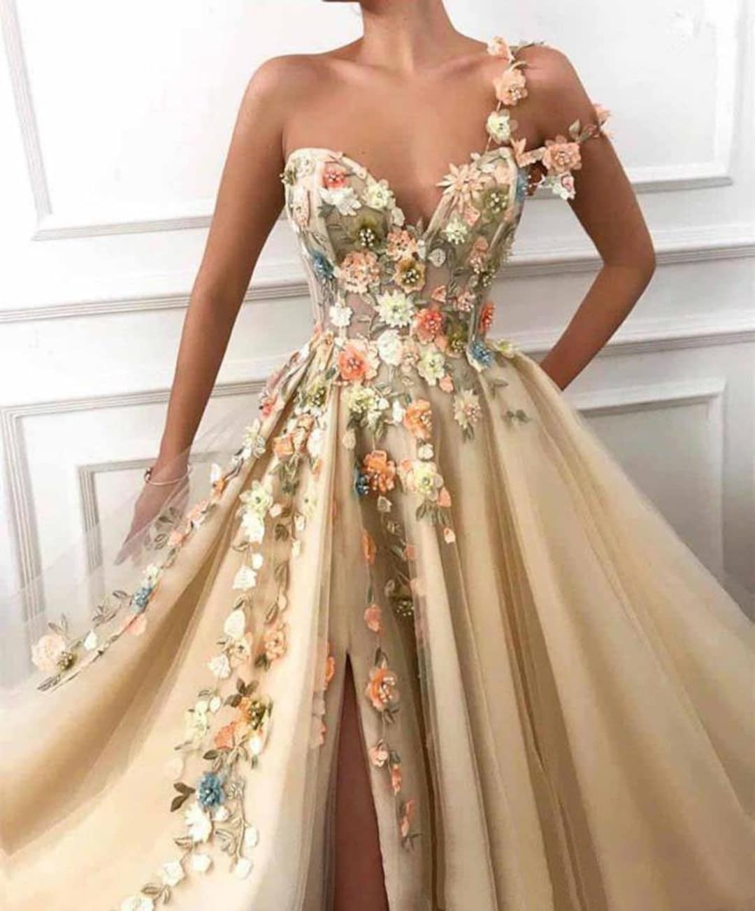 Elegant One Shoulder Dress Long 3D Floral Lace Applique - Etsy