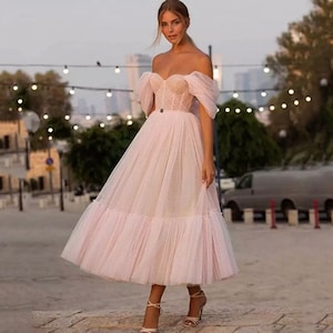 Pink Sweetheart Off The Shoulder Dot Net Dress | Fashion A-Line Tea Length Evening Dress | Plus Size Dress | Additional colours available