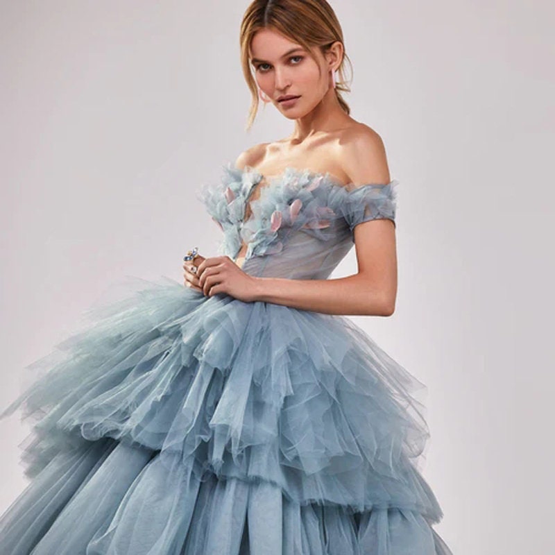 Elegant Tiered Ruffled Tulle Prom Dress Feathers Flowers off - Etsy