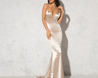 Backless Mermaid Dress | Stretchy Satin Deep V Neck Ruched Slip Padded Evening Floor Length Gown