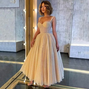 Glitter Sequins Tulle Long Evening Dress | Sleeveless Spaghetti Straps Formal Gown