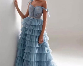 Ruffled Long Tulle Evening Dress | Sashes Spaghetti A Line Sleeveless Tiered Gown