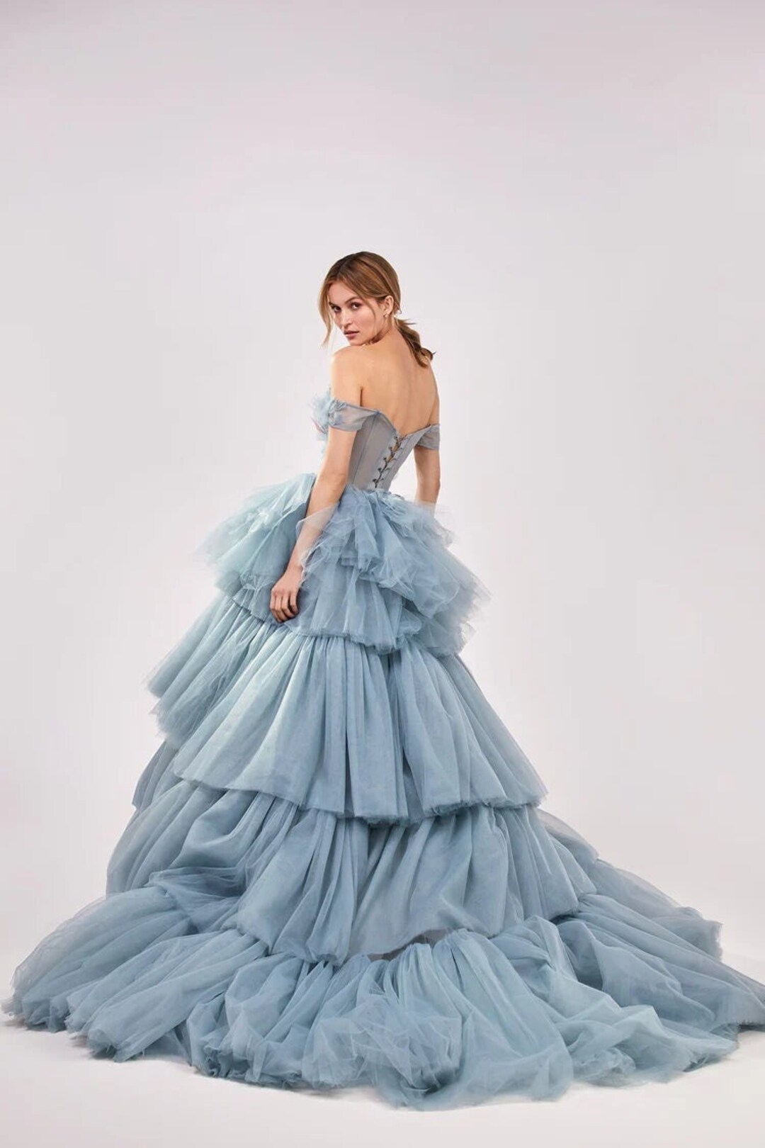 Elegant Tiered Ruffled Tulle Prom Dress Feathers Flowers off - Etsy