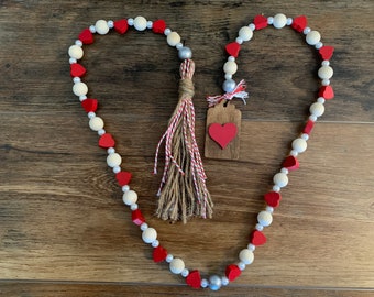 Wooden Beaded Garland-Tier Tray Decor-Beads-Rustic-Farmhouse-Stained & Natural Beads-Wood Garland-Hearts-Valentine's Day