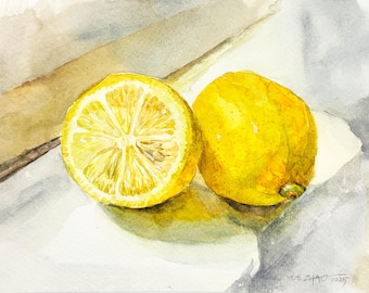 Lemons Still Life Watercolor Painting, Hand-painted Art, Original Artwork, Minimalist Wall Art, Fine Art, Room Decor