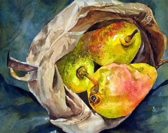May include: Three ripe pears, one green, one yellow, and one with a reddish blush, are nestled in a brown paper bag. The pears are arranged in a cluster, with the green pear at the bottom and the yellow pear at the top.