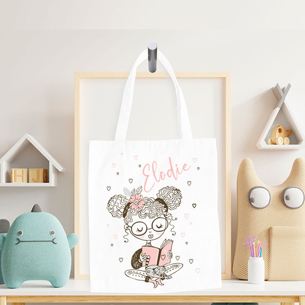 Tote Bag Enfant Personnalisé Bibliothèque Fille Avec Un Livre Et Chat