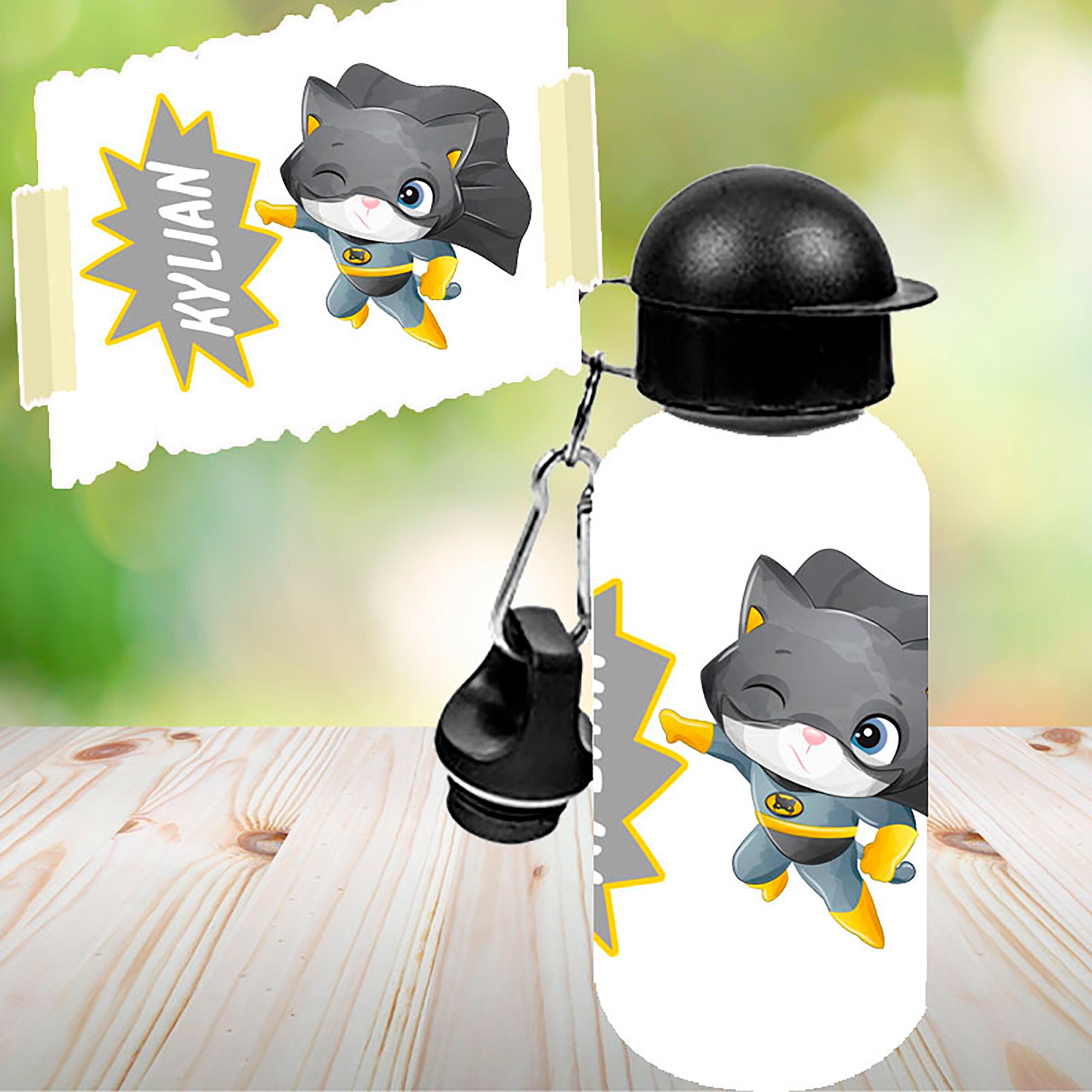 Gourde Enfant Personnalisée Super Héro Chat, Cadeau avec Prénom