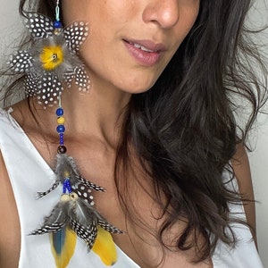Indigenous style long natural feathers earring