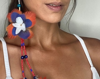 Long Tribal style flower feather earring red and blue