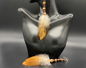 Small brown boho  natural feather earrings, Festival earrings, ethnic earrings, hippie chic feather earring