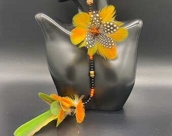 One of a kind tribal ethnic tropical colors flower real natural feathers dangle earring