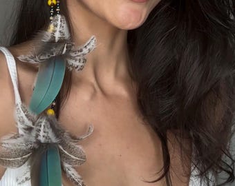 super long unique shamanic natural beads and feathers earring, bohemian long feather earring, ceremonial long feather jewelry